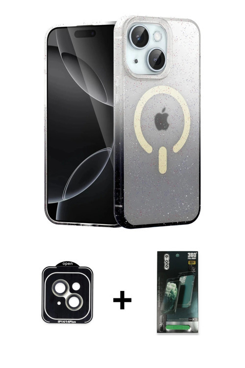 iPhone 14 Kılıf Eksen Minimal Özel Seri - Şeffaf 360 Full Body Arka Koruyucu + Yeşil PVD Metal