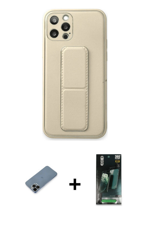 iPhone 12 Pro Kılıf Akış Doku - Şeffaf 360 Full Body Arka Koruyucu + Siyah Shine Kamera Lens Ko