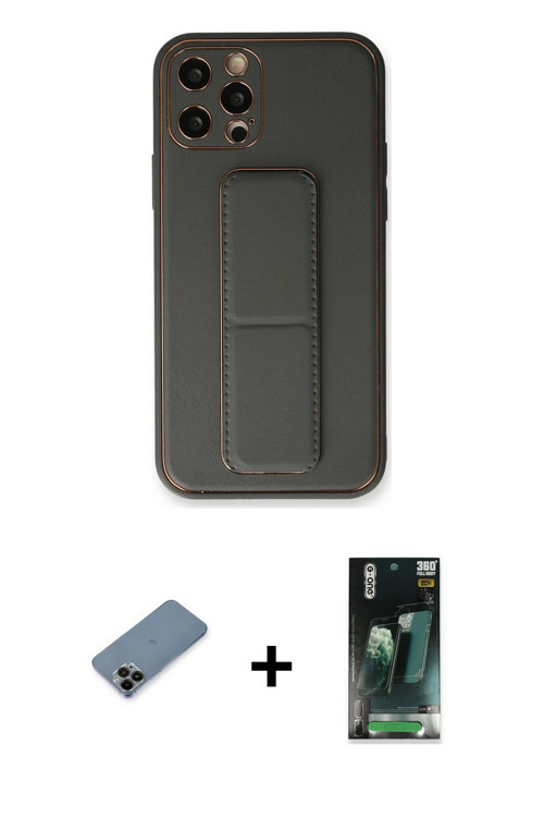 iPhone 12 Pro Kılıf Akış Doku - Şeffaf 360 Full Body Arka Koruyucu + Siyah Shine Kamera Lens Ko