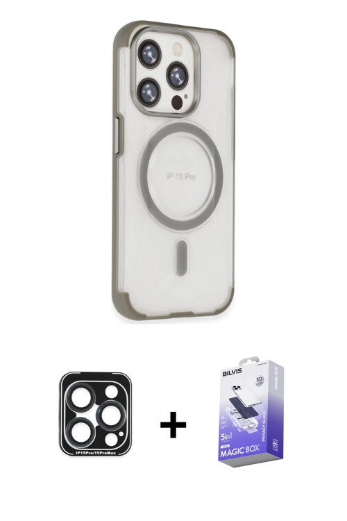 iPhone 15 Pro Max Kılıf Eksen Klasik Koleksiyonu - Siyah Bilvis 5in1 5D Magic Hayalet Cam Ekran