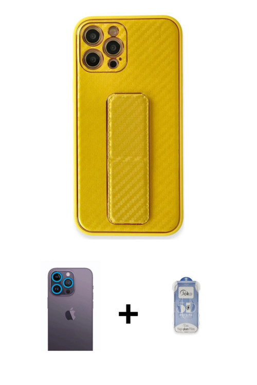 ieg™ iPhone 12 Pro Max Kılıf Yörünge Yansıma - Siyah Joko Magic 5D Cam + Mavi Neon Fosforlu Kamera L