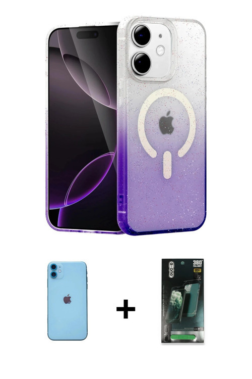 iPhone 11 Kılıf Eksen Minimal Özel Seri - Şeffaf 360 Full Body Arka Koruyucu + Mavi Neon Fosfor