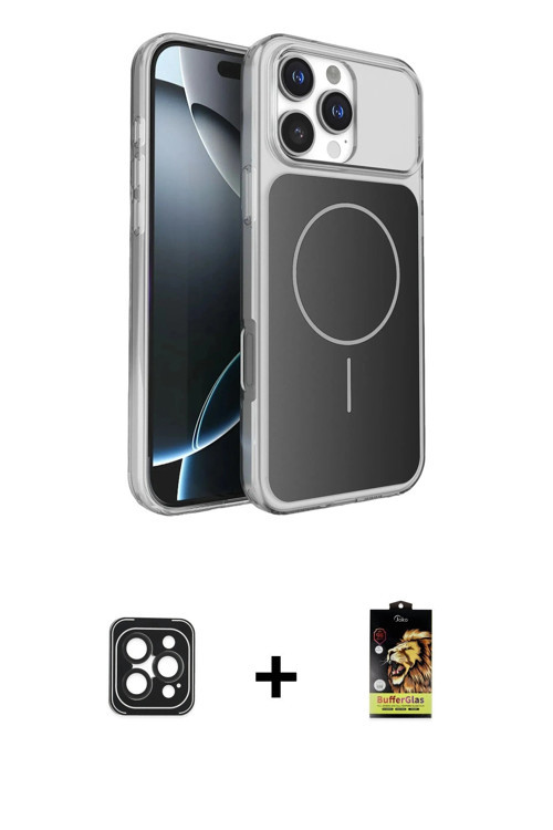 iPhone 16 Pro Max Kılıf Kutup Doku Serisi - Siyah Buffer Cam Ekran Koruyucu + Siyah PVD Metal K
