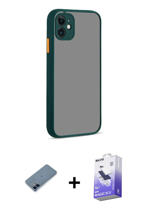 iPhone 12 Kılıf Ahenk Çizgi Serisi - Siyah Bilvis 5in1 5D Magic Hayalet Cam Ekran Koruyucu + Ma