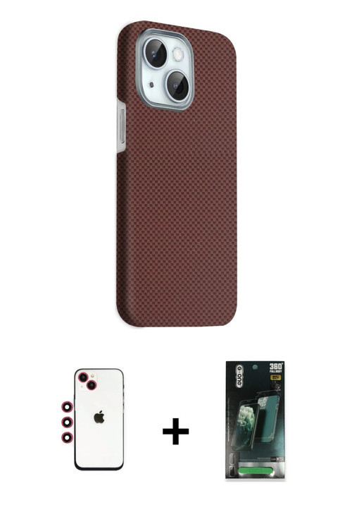 iPhone 14 Kılıf Kozmos Klasik Prime - Şeffaf 360 Full Body Arka Koruyucu + Kırmızı Shine Kamera