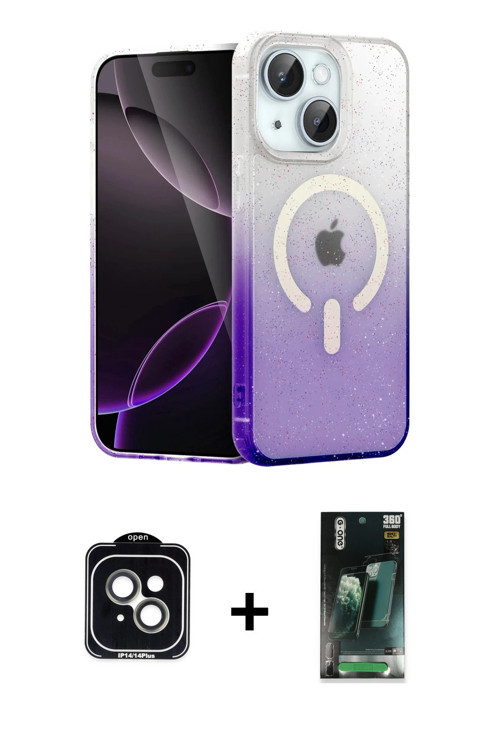 iPhone 14 Kılıf Eksen Minimal Özel Seri - Şeffaf 360 Full Body Arka Koruyucu + Yeşil PVD Metal