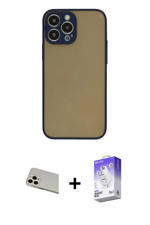 iPhone 13 Pro Max Kılıf Ahenk Çizgi Serisi - Siyah Bilvis 5in1 3D Magic Cam Ekran Koruyucu + Ro