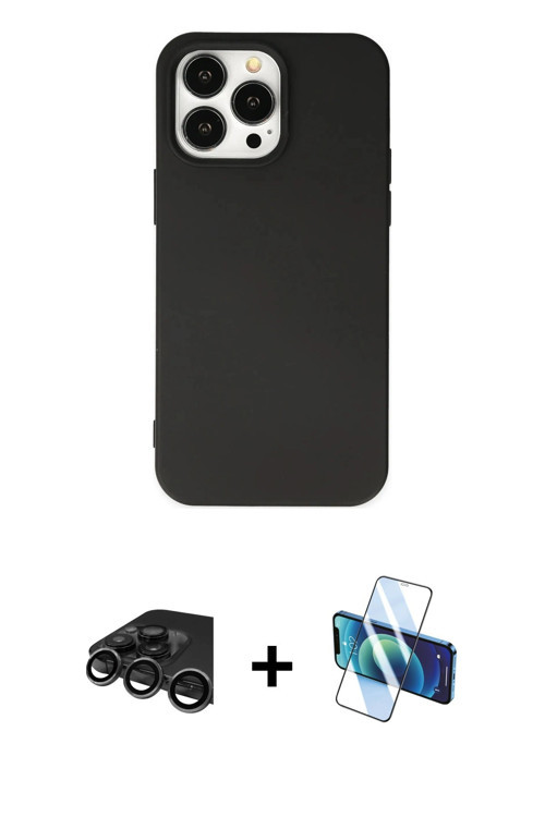 iPhone 15 Pro Kılıf Ahenk Serisi - Siyah 3D Antistatik Cam Ekran Koruyucu + Titanyum Gri Raze M