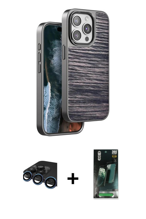 iPhone 15 Pro Kılıf Atlas Minimal Özel Seri - Siyah 360 Mat Full Body Arka Koruyucu + Lacivert