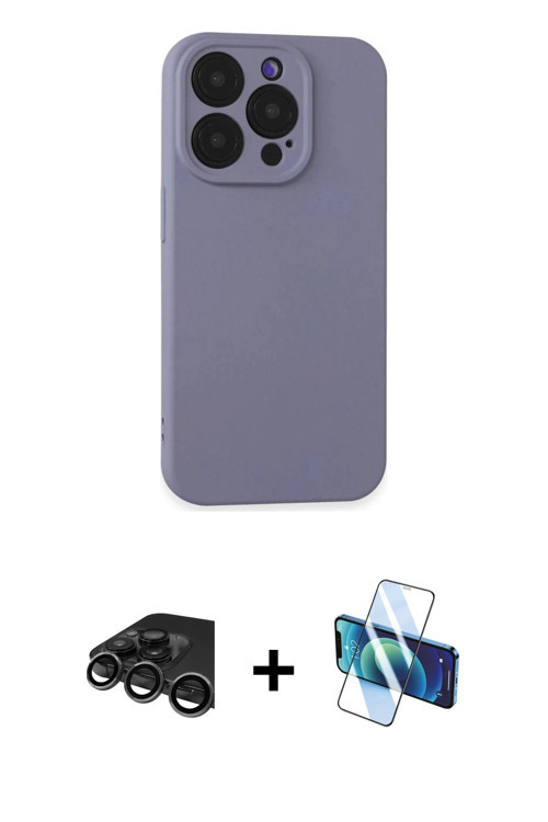 iPhone 15 Pro Kılıf Ahenk Serisi - Siyah 3D Antistatik Cam Ekran Koruyucu + Titanyum Gri Raze M