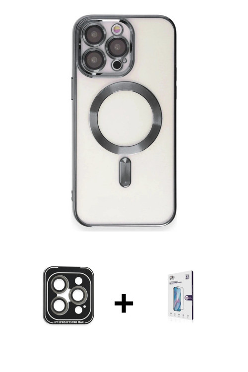 iPhone 15 Pro Max Kılıf Nova Işık Özel Seri - Siyah Bilvis 0.18mm Plus Cam Ekran Koruyucu + Gri