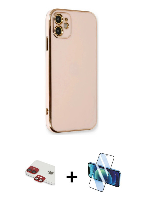 iPhone 11 Kılıf Yankı Serisi - Siyah 3D Antistatik Cam Ekran Koruyucu + Kırmızı Pers Alüminyum