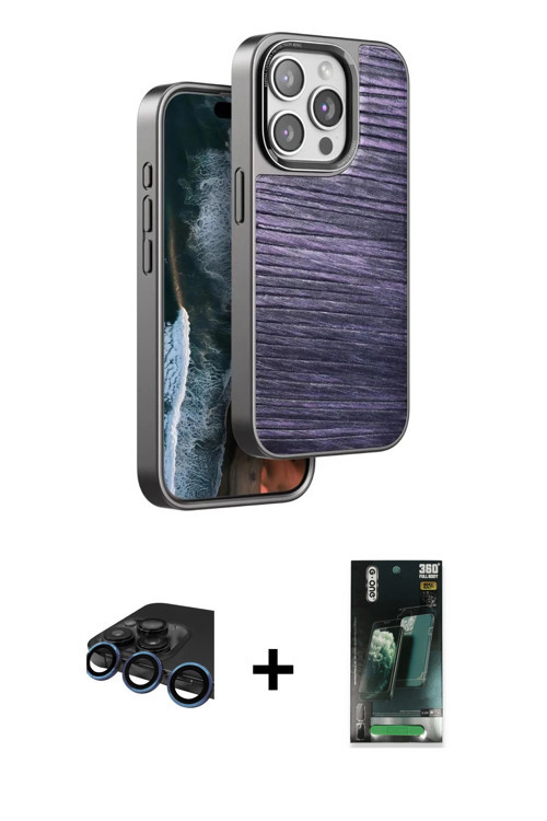 iPhone 15 Pro Kılıf Atlas Minimal Özel Seri - Siyah 360 Mat Full Body Arka Koruyucu + Lacivert