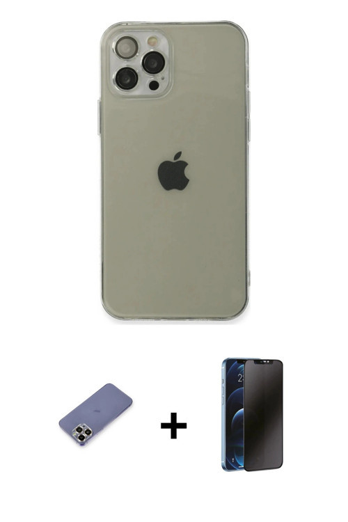 iPhone 12 Pro Kılıf Ahenk Doku - Siyah 3D Antistatik Hayalet Cam Ekran Koruyucu + Gold Metal Ka