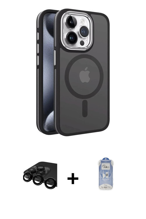 iPhone 15 Pro Max Kılıf Yörünge Klasik - Siyah Joko Magic 5D Cam + Siyah Raze Metal Kamera Lens