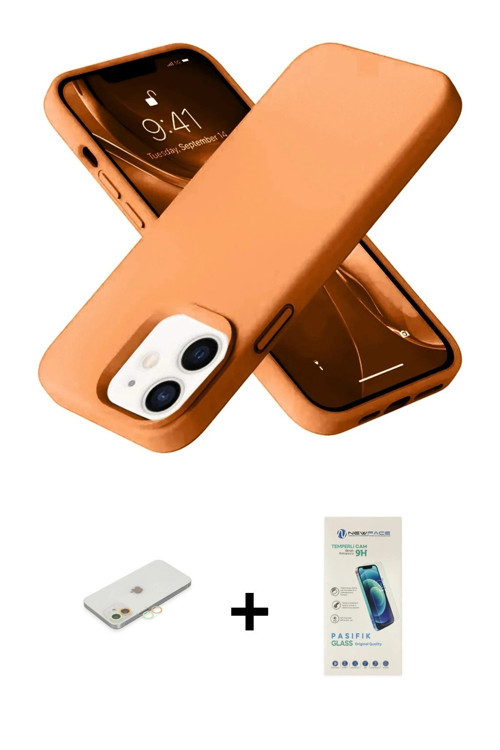 ieg™ iPhone 12 Kılıf Ahenk Serisi - Şeffaf Pasifik Cam Ekran Koruyucu + Turuncu Renkli Kamera Lens K