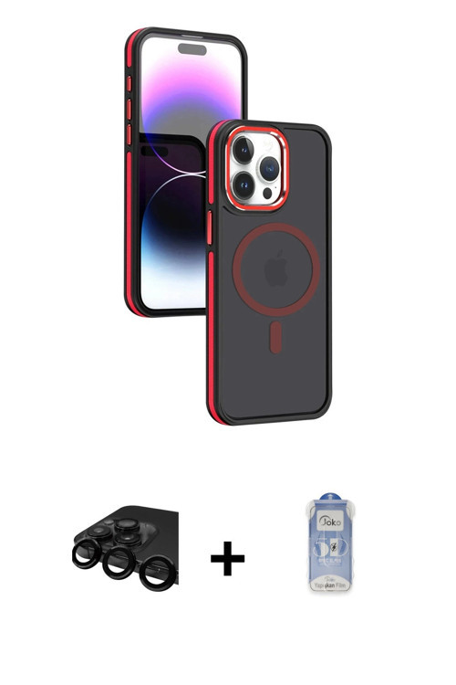 iPhone 15 Pro Max Kılıf Yörünge Klasik - Siyah Joko Magic 5D Cam + Siyah Raze Metal Kamera Lens