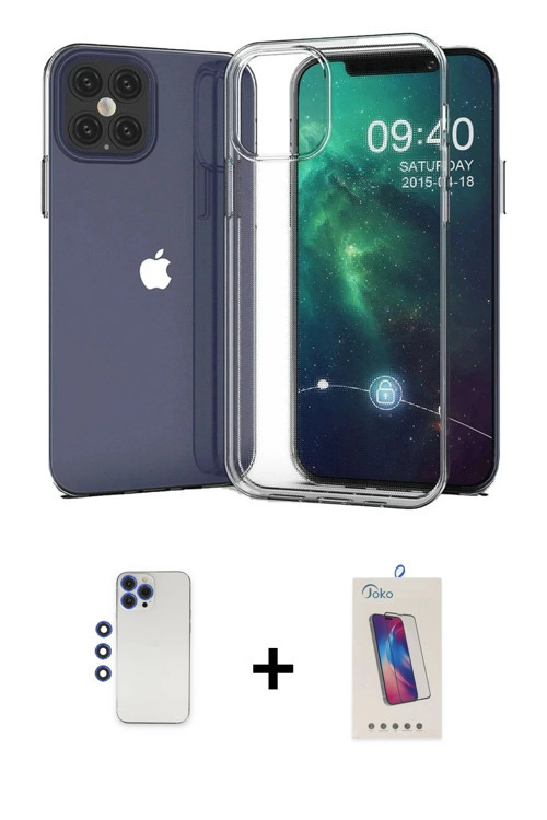 ieg™ iPhone 12 Pro Max Kılıf Zirve Doku - Siyah Joko 5D Cam + Lacivert Shine Kamera Lens