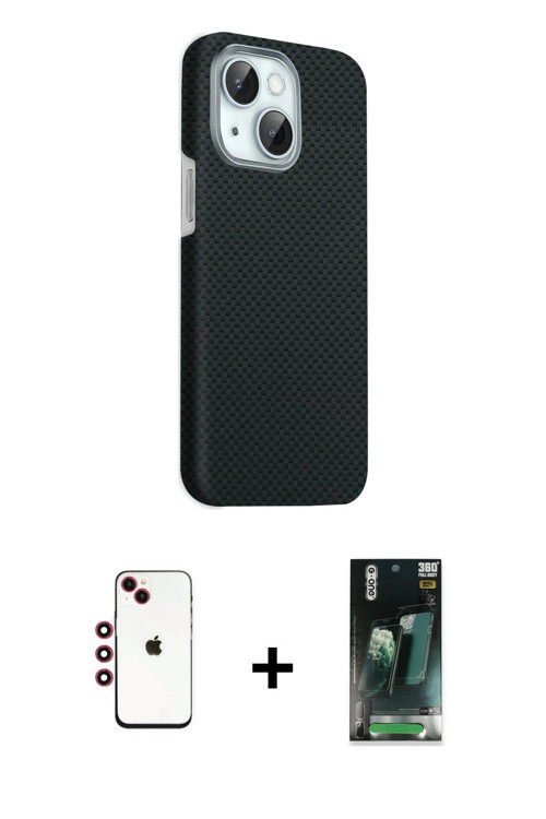 iPhone 14 Kılıf Kozmos Klasik Prime - Şeffaf 360 Full Body Arka Koruyucu + Kırmızı Shine Kamera