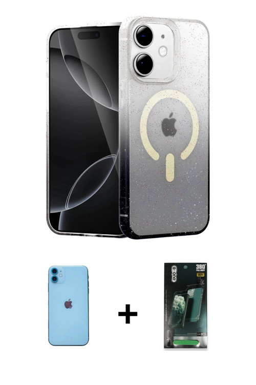 iPhone 11 Kılıf Eksen Minimal Özel Seri - Şeffaf 360 Full Body Arka Koruyucu + Mavi Neon Fosfor