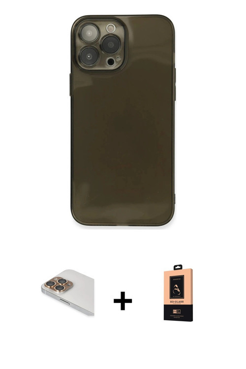 ieg™ iPhone 13 Pro Max Kılıf Ahenk Doku - Şeffaf Maxco Cam Ekran Koruyucu + Gold Pers Alüminyum Kame