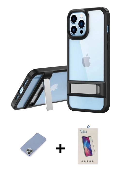 iPhone 13 Pro Max Kılıf Yadigar Yansıma - Siyah Joko 5D Cam + Koyu Yeşil Metal Kamera Lens Koru