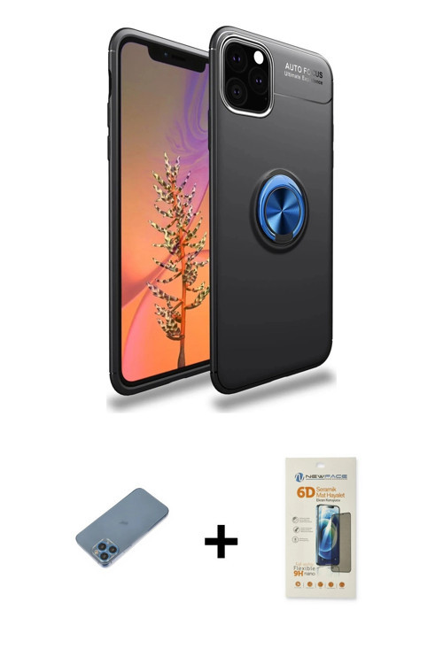 iPhone 11 Pro Kılıf Yankı Form Prime - Siyah 6D Mat Seramik Hayalet Nano Ekran Koruyucu + Mavi