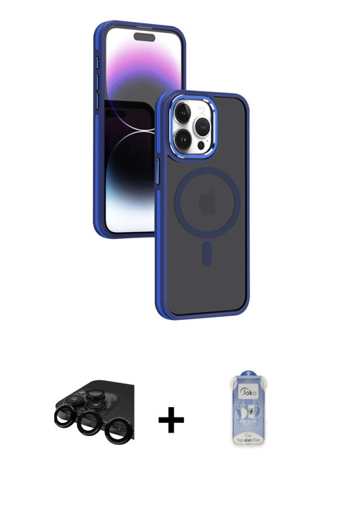 iPhone 15 Pro Max Kılıf Yörünge Klasik - Siyah Joko Magic 5D Cam + Siyah Raze Metal Kamera Lens