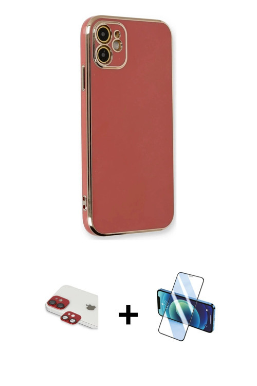 iPhone 11 Kılıf Yankı Serisi - Siyah 3D Antistatik Cam Ekran Koruyucu + Kırmızı Pers Alüminyum