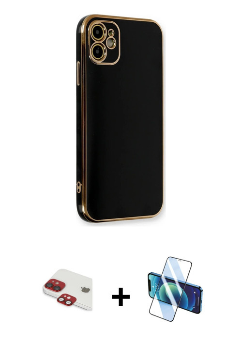 iPhone 11 Kılıf Yankı Serisi - Siyah 3D Antistatik Cam Ekran Koruyucu + Kırmızı Pers Alüminyum
