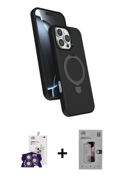 ieg™ iPhone 16 Pro Max Kılıf İz Işık Koleksiyonu - Siyah Bilvis 3D Mat Cam Ekran Koruyucu + Gümüş Bi