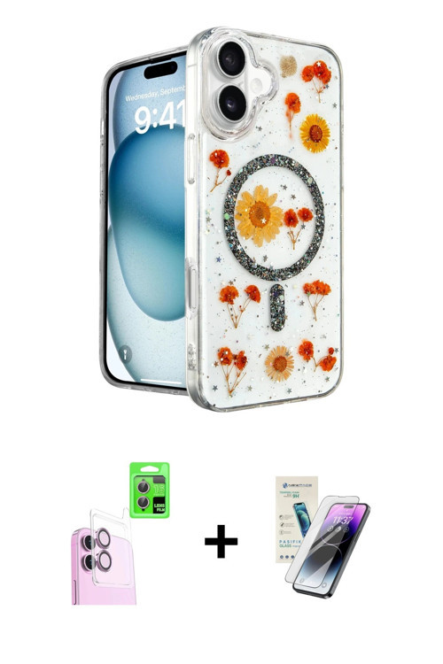 ieg™ iPhone 16 Kılıf Kozmos Doku - Şeffaf Pasifik Cam Ekran Koruyucu + Pembe Raze Metal Kamera Lens