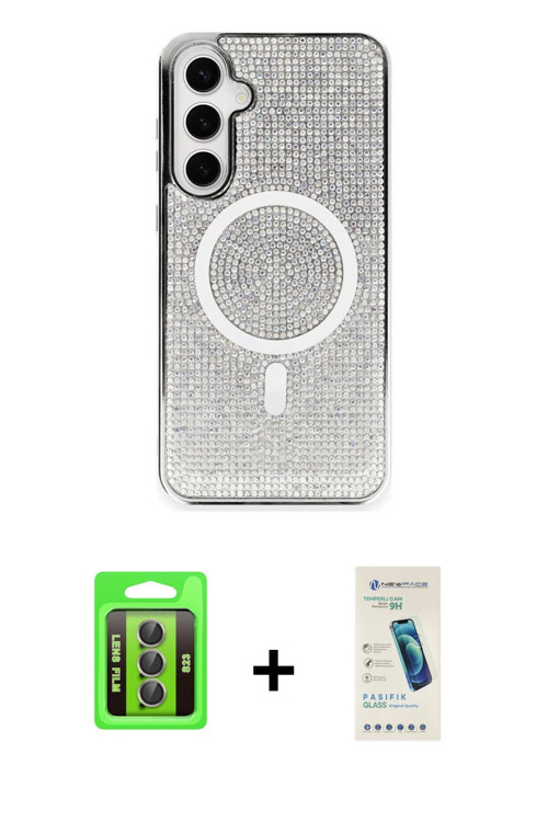 Galaxy S23 Kılıf Eksen Çizgi - Şeffaf Pasifik Cam Ekran Koruyucu + Gri Raze Metal Kamera Lens