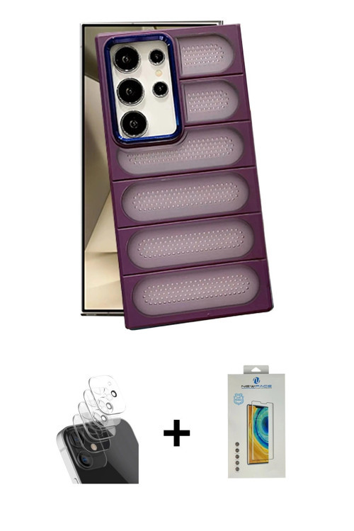ieg™ Galaxy S24 Ultra Kılıf Yadigar Doku Özel Seri - Siyah Polymer Nano Ekran Koruyucu + Şeffaf Kame