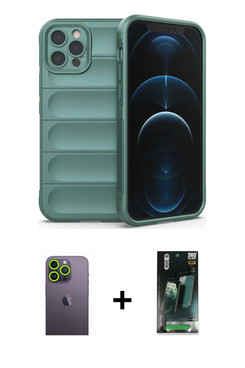 ieg™ iPhone 12 Pro Kılıf Atlas Koleksiyonu - Siyah 360 Mat Full Body Arka Koruyucu + Yeşil Neon Fosf