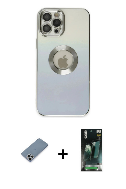 iPhone 12 Pro Max Kılıf Kutup Yansıma Özel Seri - Şeffaf 360 Full Body Arka Koruyucu + Gümüş Me