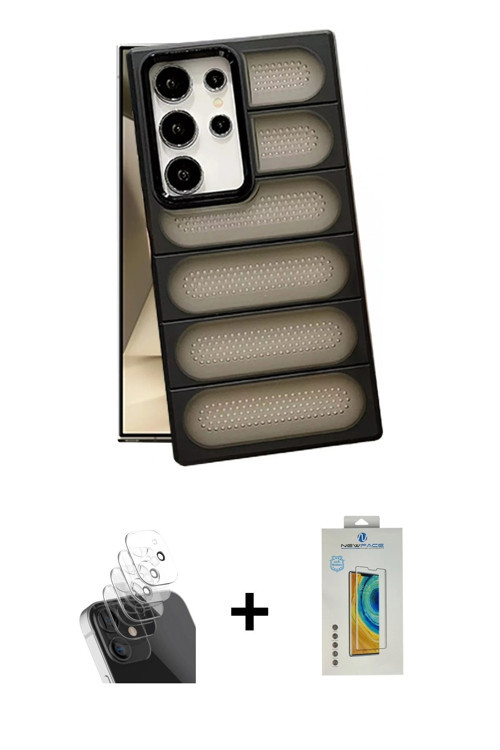 ieg™ Galaxy S24 Ultra Kılıf Yadigar Doku Özel Seri - Siyah Polymer Nano Ekran Koruyucu + Şeffaf Kame