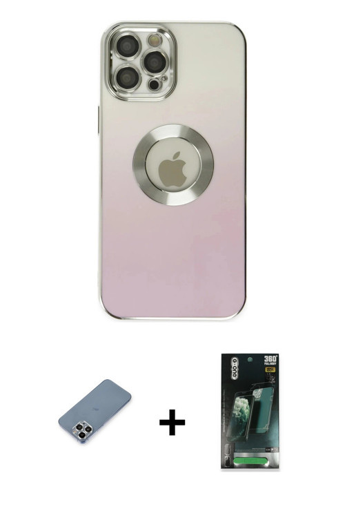 iPhone 12 Pro Max Kılıf Kutup Yansıma Özel Seri - Şeffaf 360 Full Body Arka Koruyucu + Gümüş Me