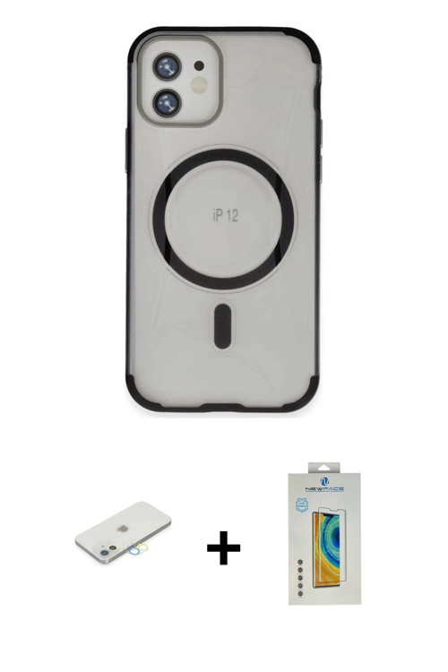iPhone 12 Kılıf Eksen Klasik Koleksiyonu - Siyah Polymer Nano Ekran Koruyucu + Sarı Renkli Kame