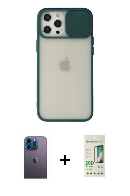 iPhone 12 Pro Max Kılıf Vadi Çizgi - Siyah 20D Premium Cam Ekran Koruyucu + Mavi Neon Fosforlu