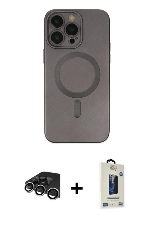 ieg™ iPhone 13 Pro Max Kılıf Akış Minimal Özel Seri - Siyah Bilvis Hayalet Cam Ekran Koruyucu + Gümü