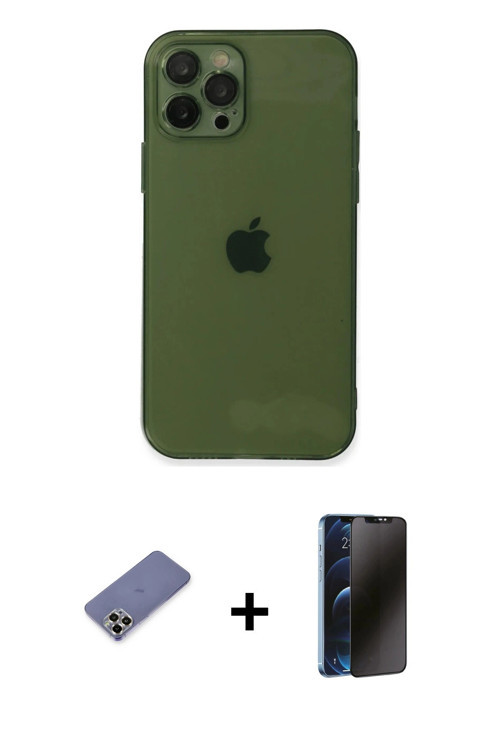 iPhone 12 Pro Kılıf Ahenk Doku - Siyah 3D Antistatik Hayalet Cam Ekran Koruyucu + Gold Metal Ka