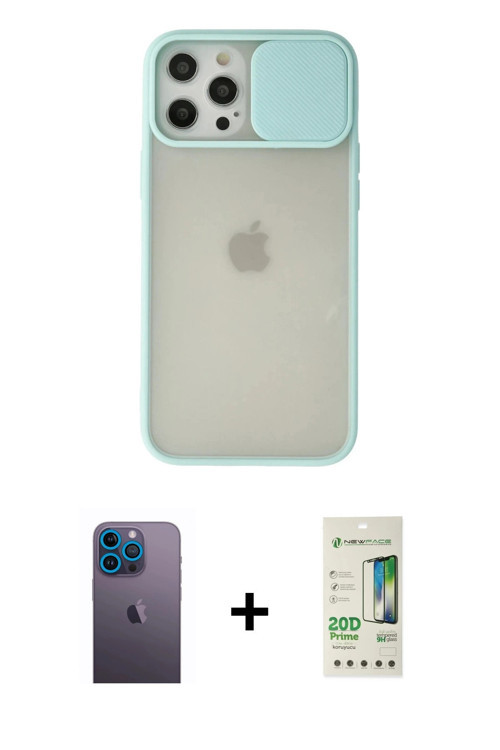 iPhone 12 Pro Max Kılıf Vadi Çizgi - Siyah 20D Premium Cam Ekran Koruyucu + Mavi Neon Fosforlu