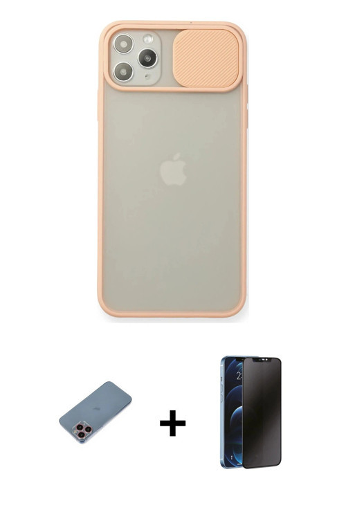 iPhone 11 Pro Max Kılıf Vadi Çizgi - Siyah 3D Antistatik Hayalet Cam Ekran Koruyucu + Pembe Shi