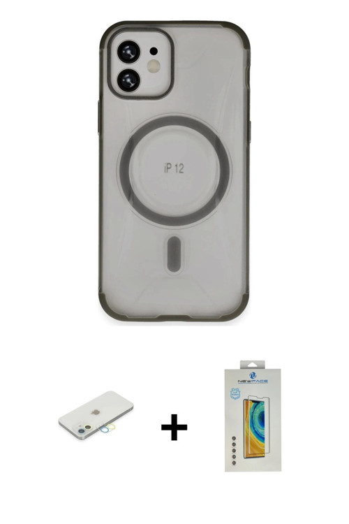 iPhone 12 Kılıf Eksen Klasik Koleksiyonu - Siyah Polymer Nano Ekran Koruyucu + Sarı Renkli Kame