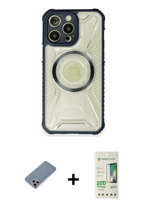 iPhone 12 Pro Max Kılıf Kutup Modern - Siyah 20D Premium Cam Ekran Koruyucu + Gümüş Metal Kamer