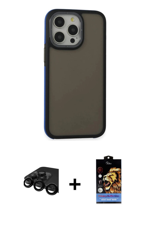 ieg™ iPhone 15 Pro Max Kılıf Eksen Işık - Siyah Buffer Hayalet Cam Ekran Koruyucu + Siyah Raze Metal