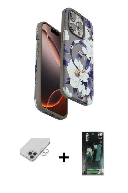 iPhone 14 Pro Max Kılıf Siluet Doku - Şeffaf 360 Full Body Arka Koruyucu + Gümüş Band Metal Kam