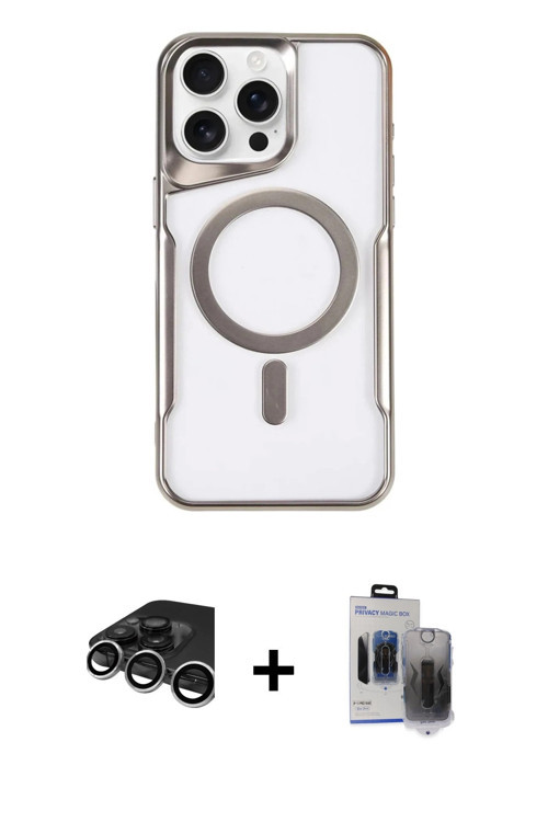 ieg™ iPhone 15 Pro Max Kılıf Yadigar Klasik Özel Seri - Siyah Vanessa Magic Hayalet Cam + Gümüş Raze