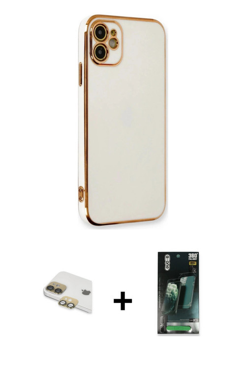 ieg™ iPhone 11 Kılıf Yankı Serisi - Şeffaf 360 Full Body Arka Koruyucu + Gold Pers Alüminyum Kamera